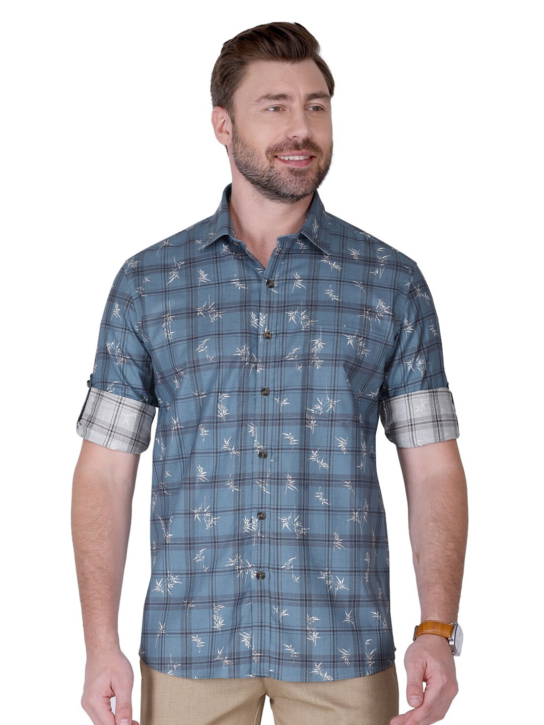 

Monterrey SF Relaxed Slim Fit Floral Printed Roll-Up Sleeves Cotton Casual Shirt, Blue
