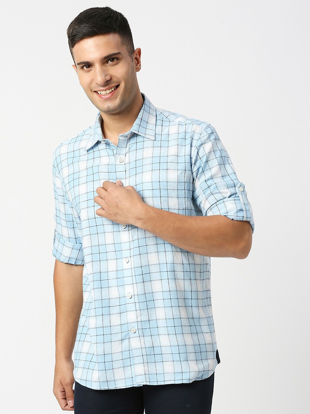 

Monterrey SF Relaxed Fit Tartan Checked Roll-Up Sleeves Cotton Linen Casual Shirt, Blue