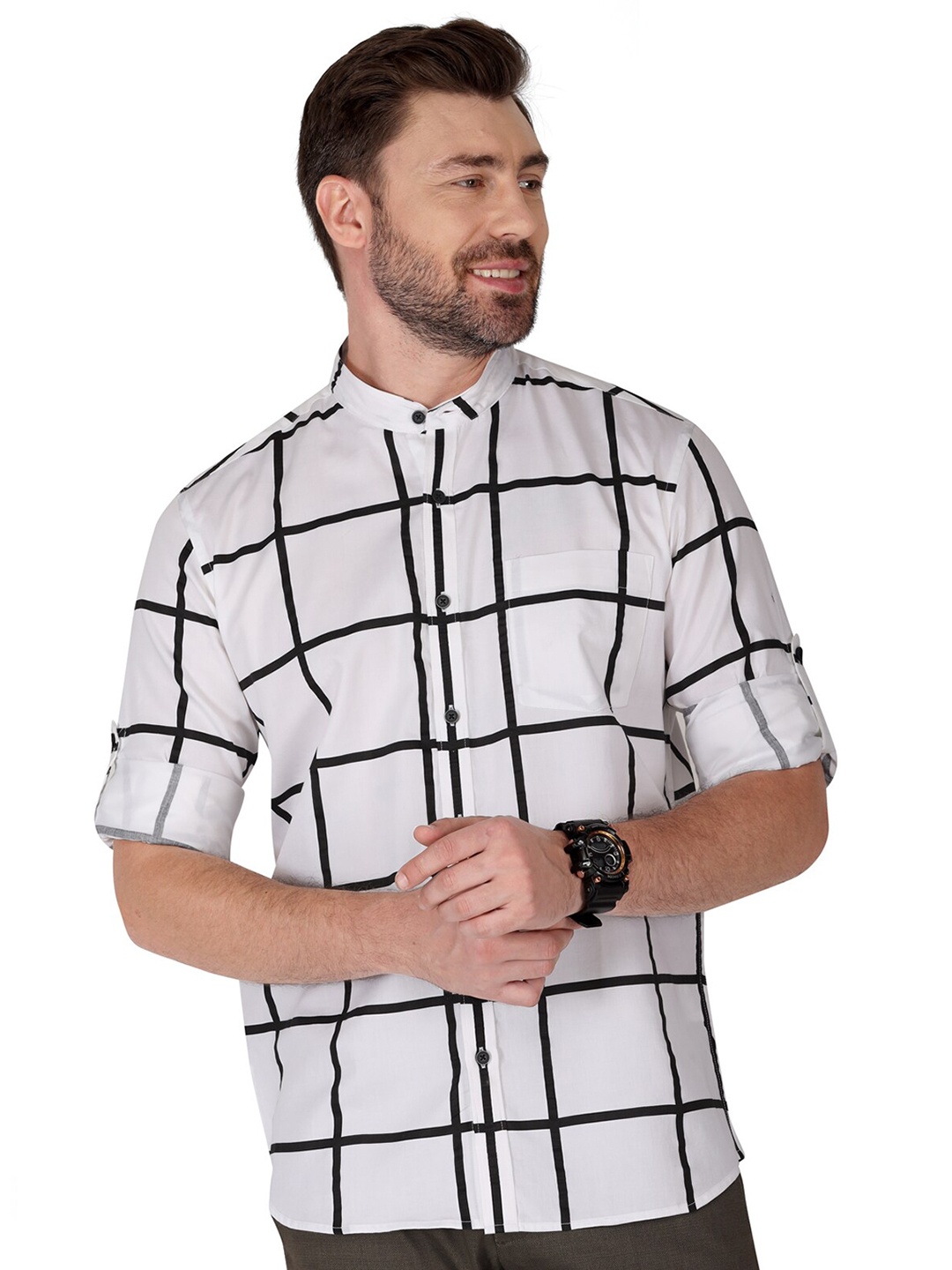 

Monterrey SF Relaxed Fit Windowpane Checked Mandarin Collar Roll-Up Sleeves Cotton Shirt, White