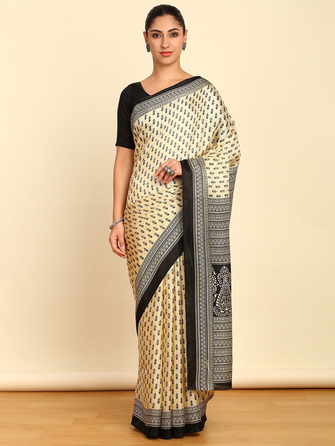 

Soch Ethnic Motifs Printed Art Silk Saree, Cream