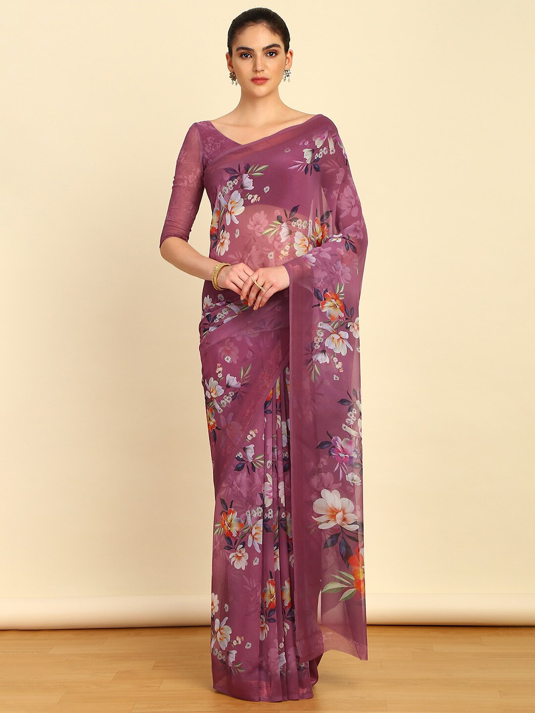 

Soch Floral Printed Zari Pure Georgette Saree, Purple