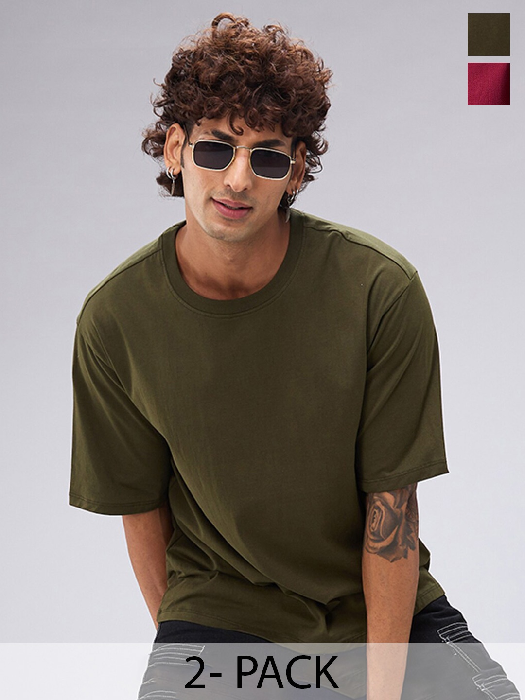 

NOIRA Pack Of 2 Round Neck Short Sleeves Cotton Raw Edge T-shirt, Maroon