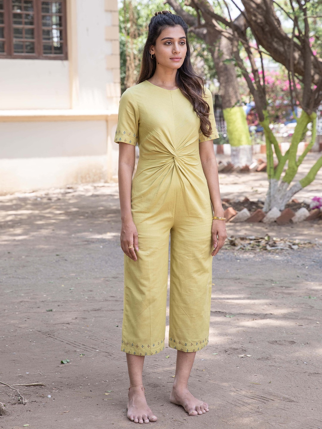

Stylefables Green Oasis Round Neck Cotton Culotte Jumpsuit, Olive