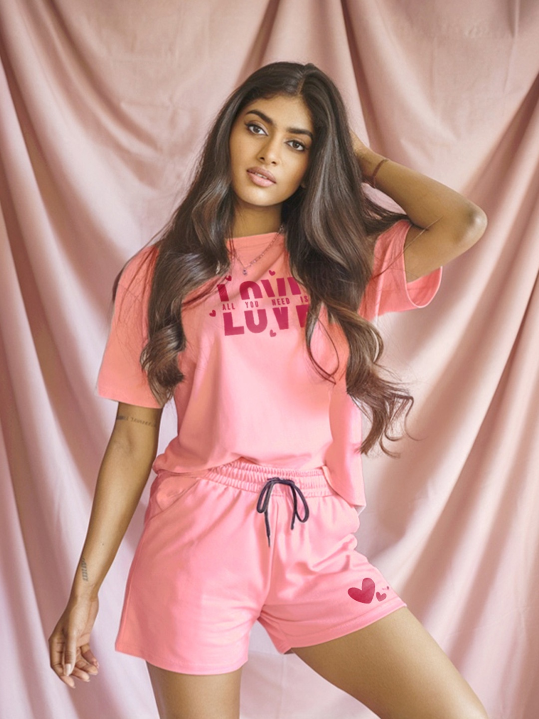FFLIRTYGO Printed Oversized T-Shirt & Shorts Co-Ord Set, Pink