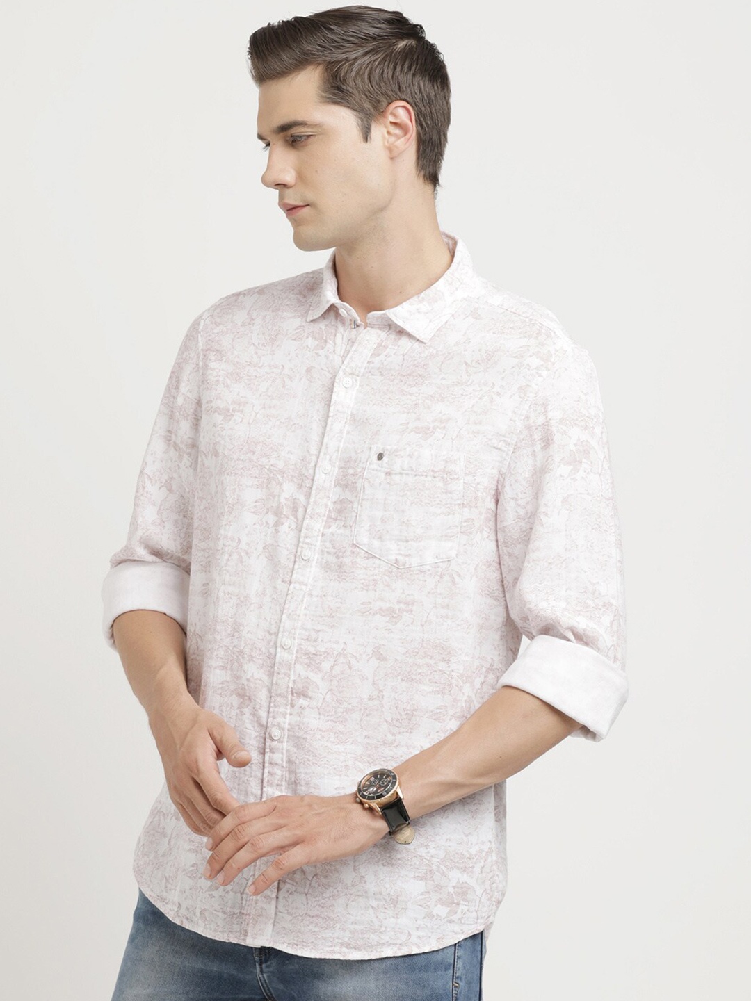 

Turtle Relaxed Spread Collar Slim Fit Floral Opaque Printed Casual Cotton Shirt, Beige