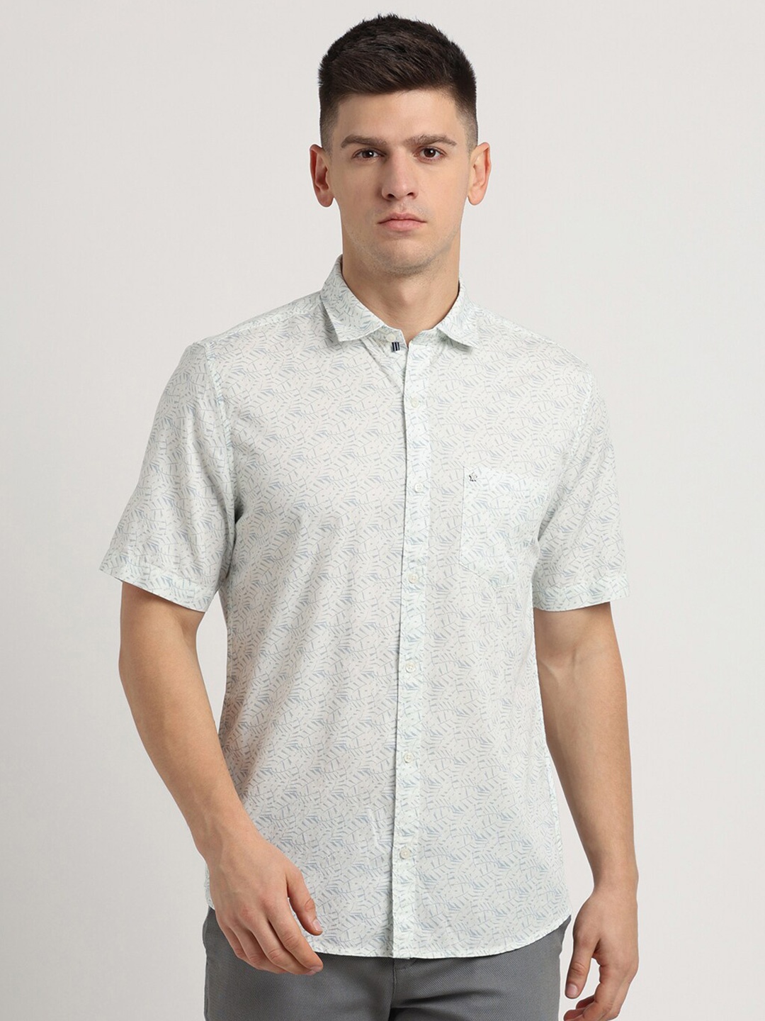 

Turtle Slim Fit Floral Printed Spread Collar Short Sleeves Cotton Casual Shirt, Grey