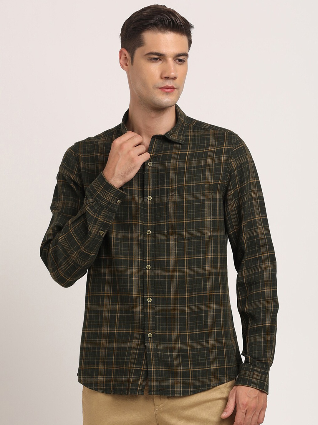 

Turtle Relaxed Spread Collar Slim Fit Tartan Checks Opaque Checked Casual Shirt, Olive