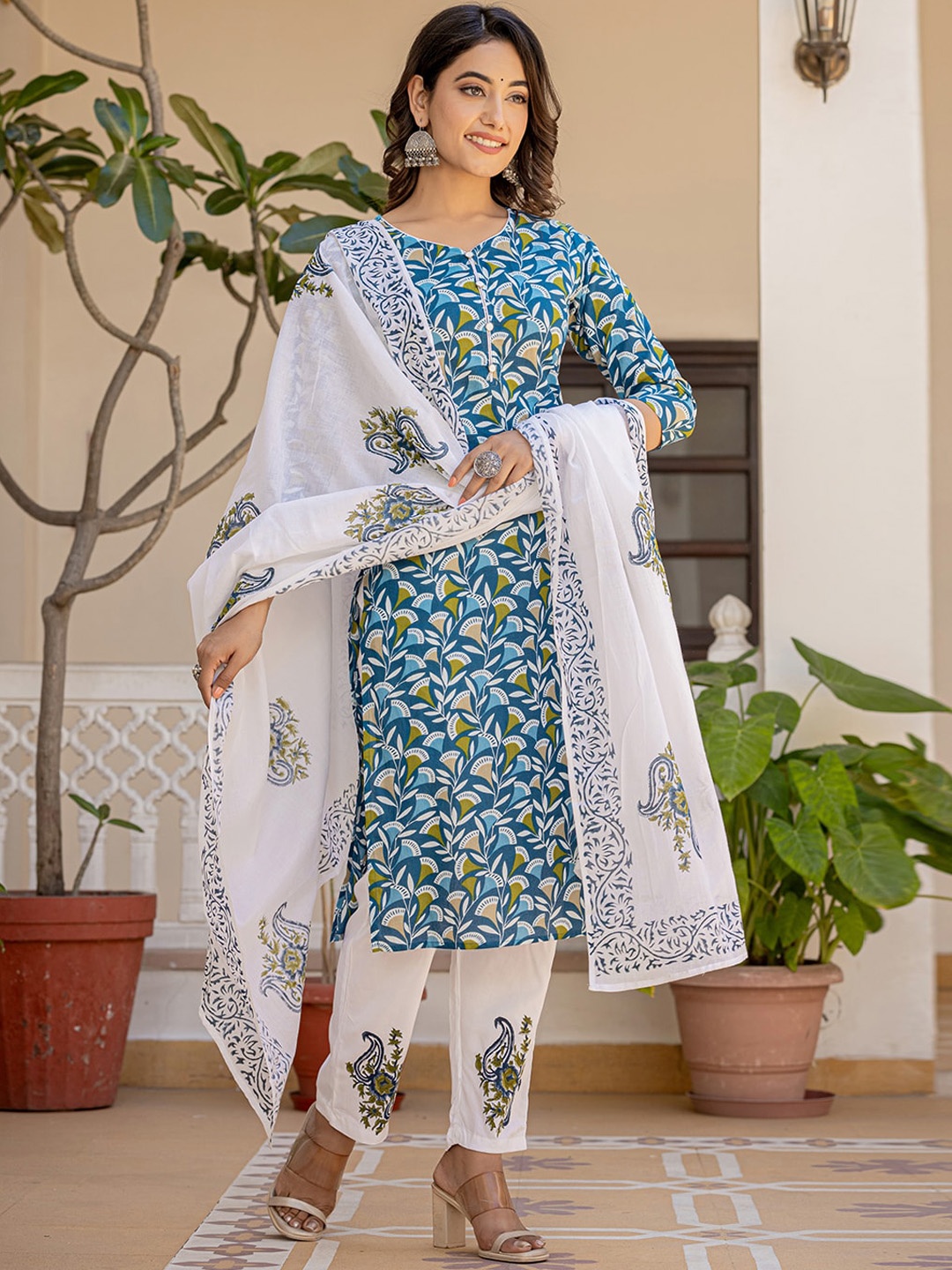 

Yufta Turquoise Blue Printed Pure Cotton Straight Kurta With Trousers & Dupatta