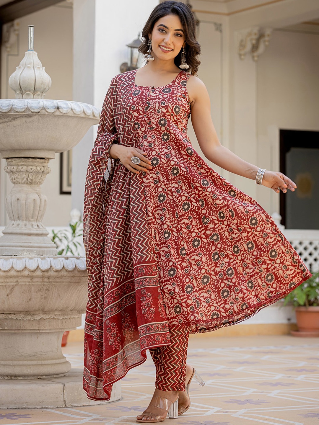 

Yufta Floral Printed Pure Cotton Anarkali Kurta with Trouser & Dupatta, Maroon