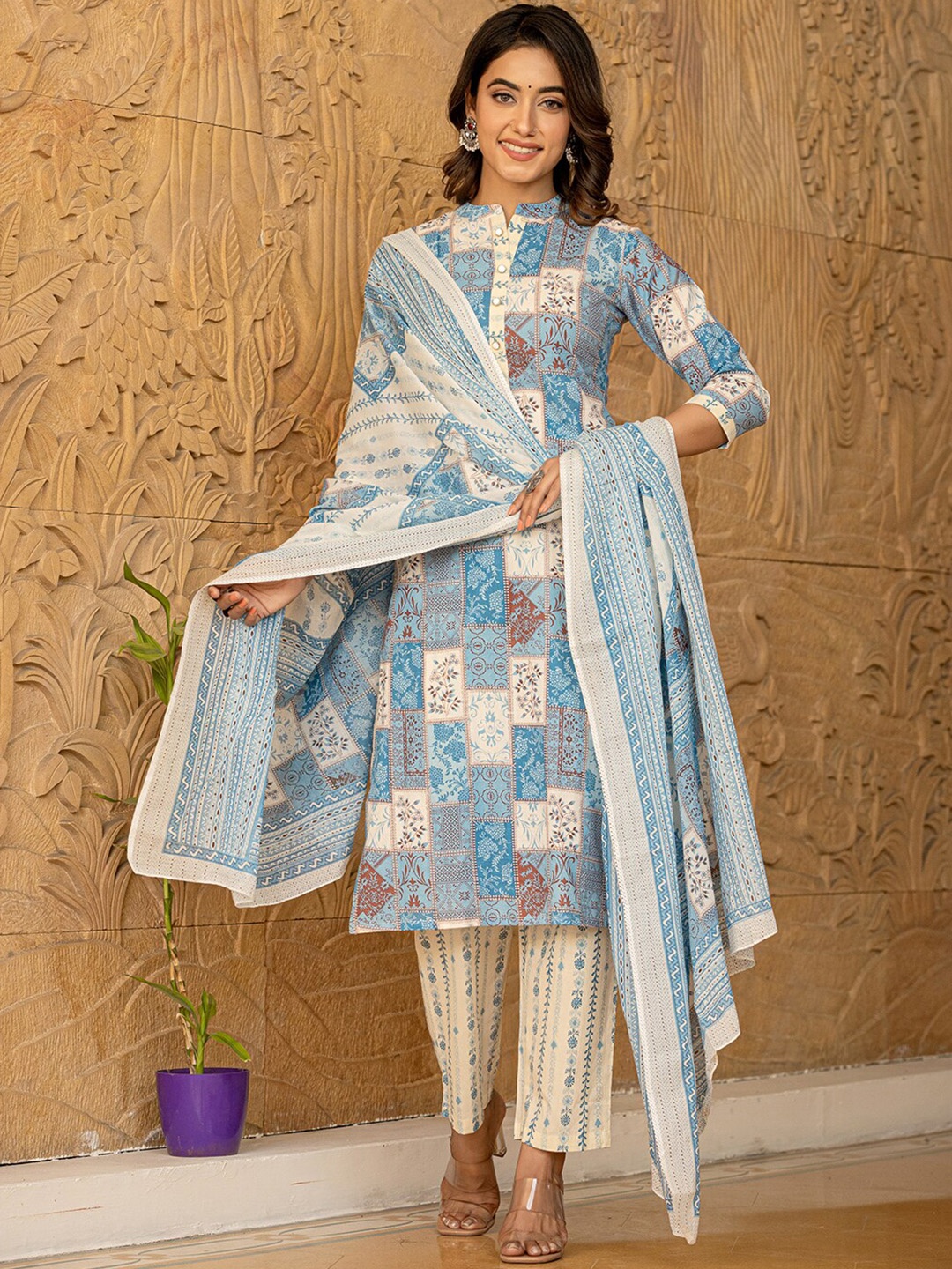 

Yufta Printed Regular Pure Cotton Kurta with Trousers & With Dupatta, Blue