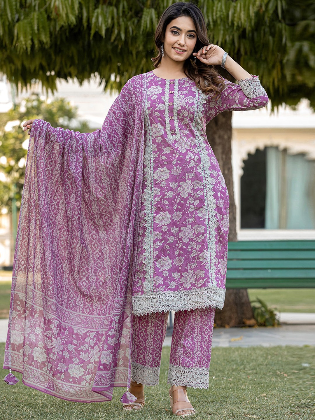 

Yufta Purple Printed Gotta Patti Pure Cotton Pakistani Style Kurta With Palazzos & Dupatta