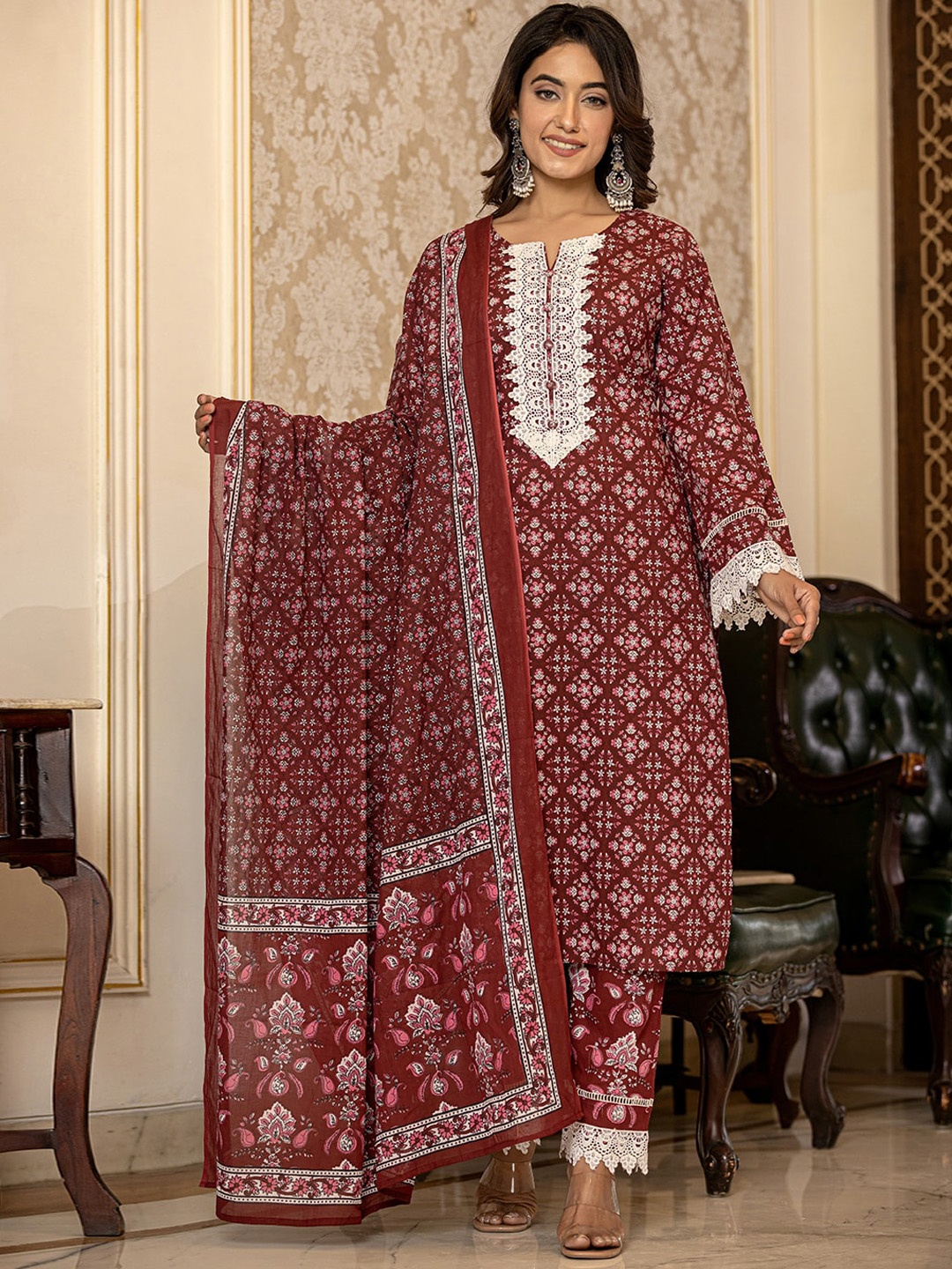 

Yufta Floral Printed Pure Cotton Pakistani Style Kurta with Trouser & Dupatta, Maroon