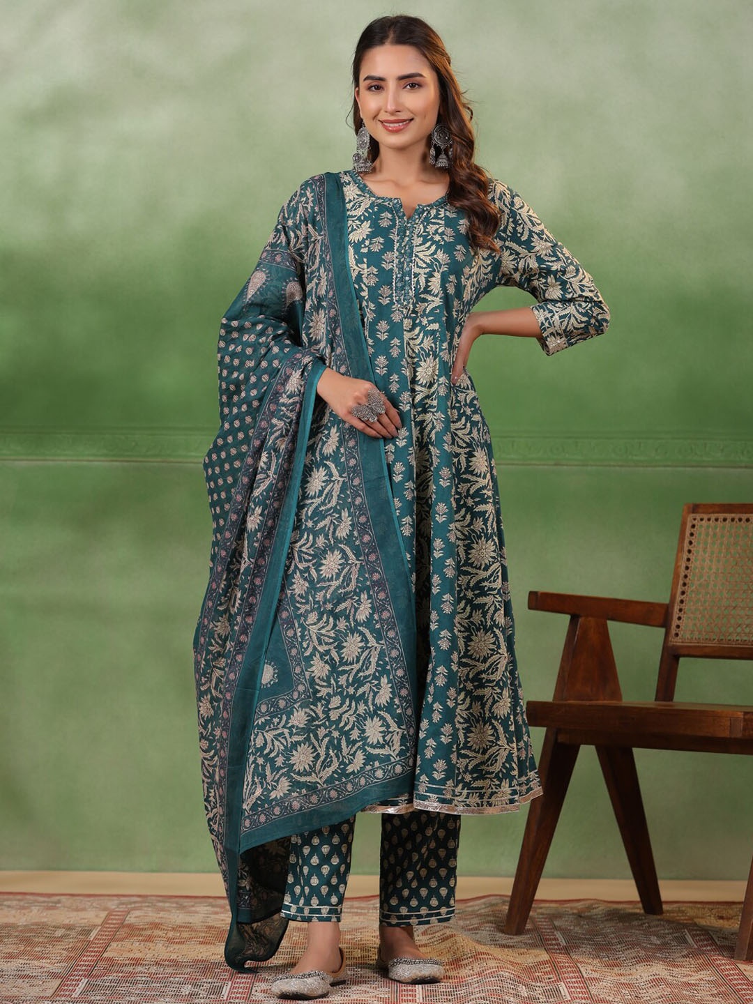 

RangDeep Floral Printed Regular Mirror Work Pure Cotton Kurta with Trousers & Dupatta, Teal