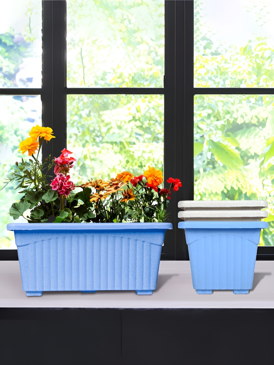 

Kuber Industries Blue & White 4 Pieces Marble Jupitar Planters