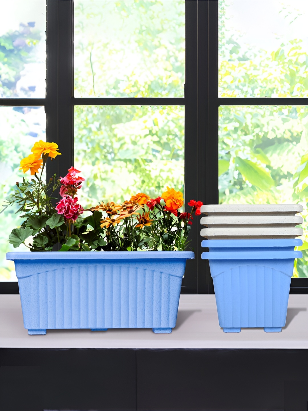 

Kuber Industries White & Blue 6 Pieces Textured Lightweight Planters