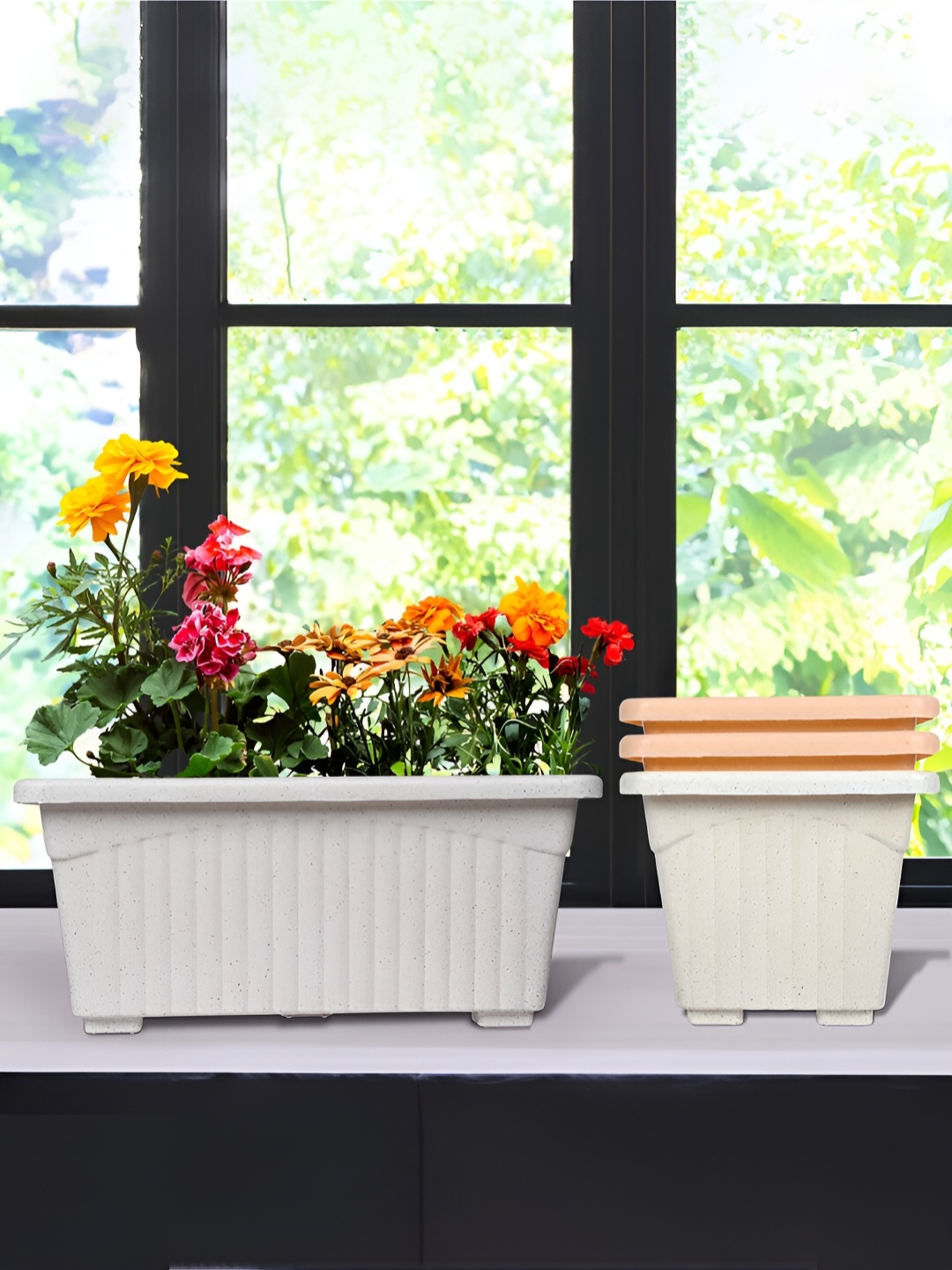 

Kuber Industries Marble Jupitar White & Peach 4 Pieces Textured Lightweight Planters