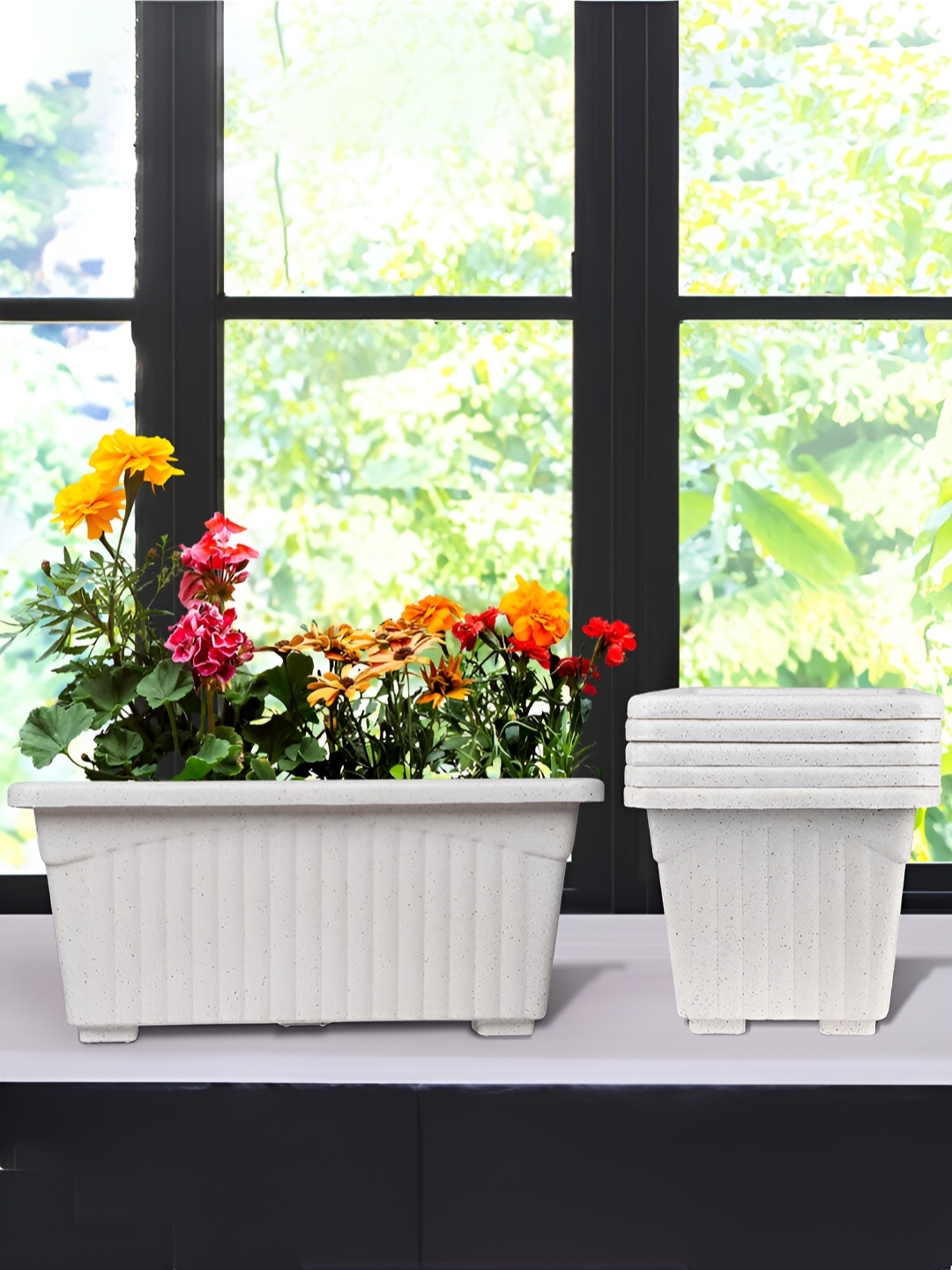 

Kuber Industries White 6 Pcs Marble Jupitar Textured UV-Protected Planters