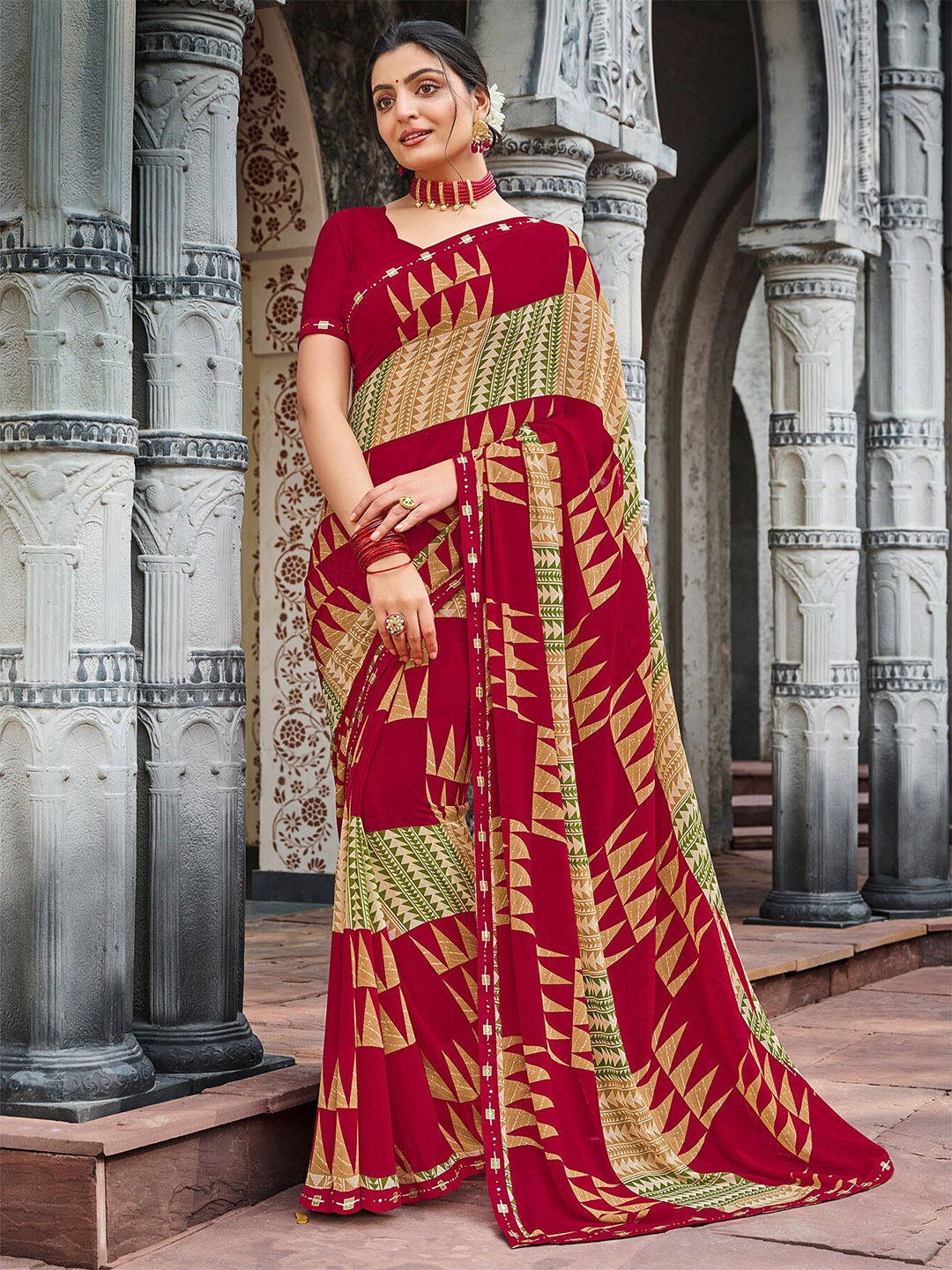 

Laxmipati Geometric Printed Saree, Maroon