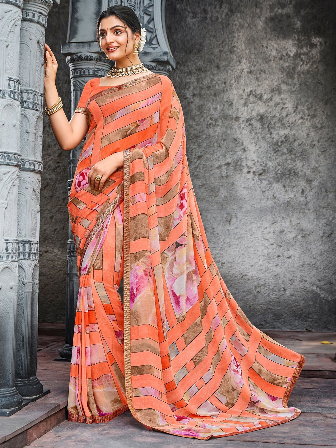 

Laxmipati Striped Printed Saree, Orange