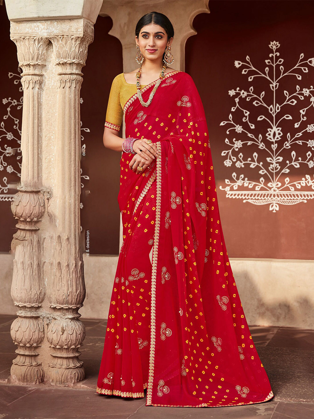 

Laxmipati Printed Zari Bandhani Saree, Red