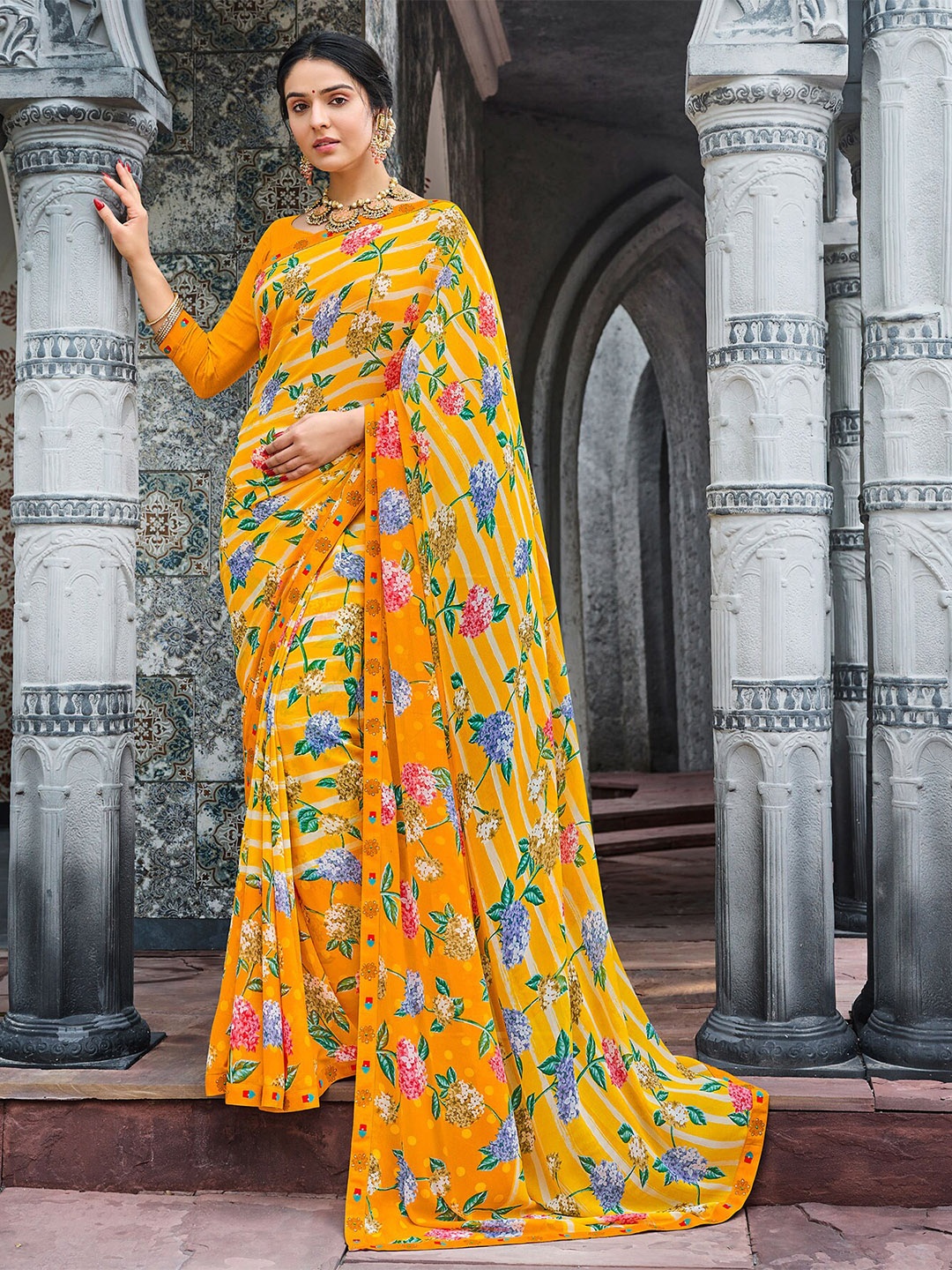 

Laxmipati Floral Printed Beads and Stones Saree, Yellow