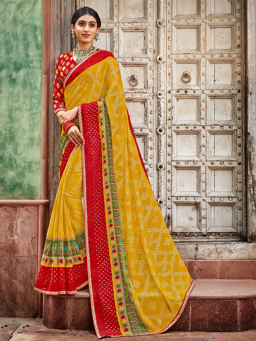 

Laxmipati Geometric Embroidered Saree, Mustard