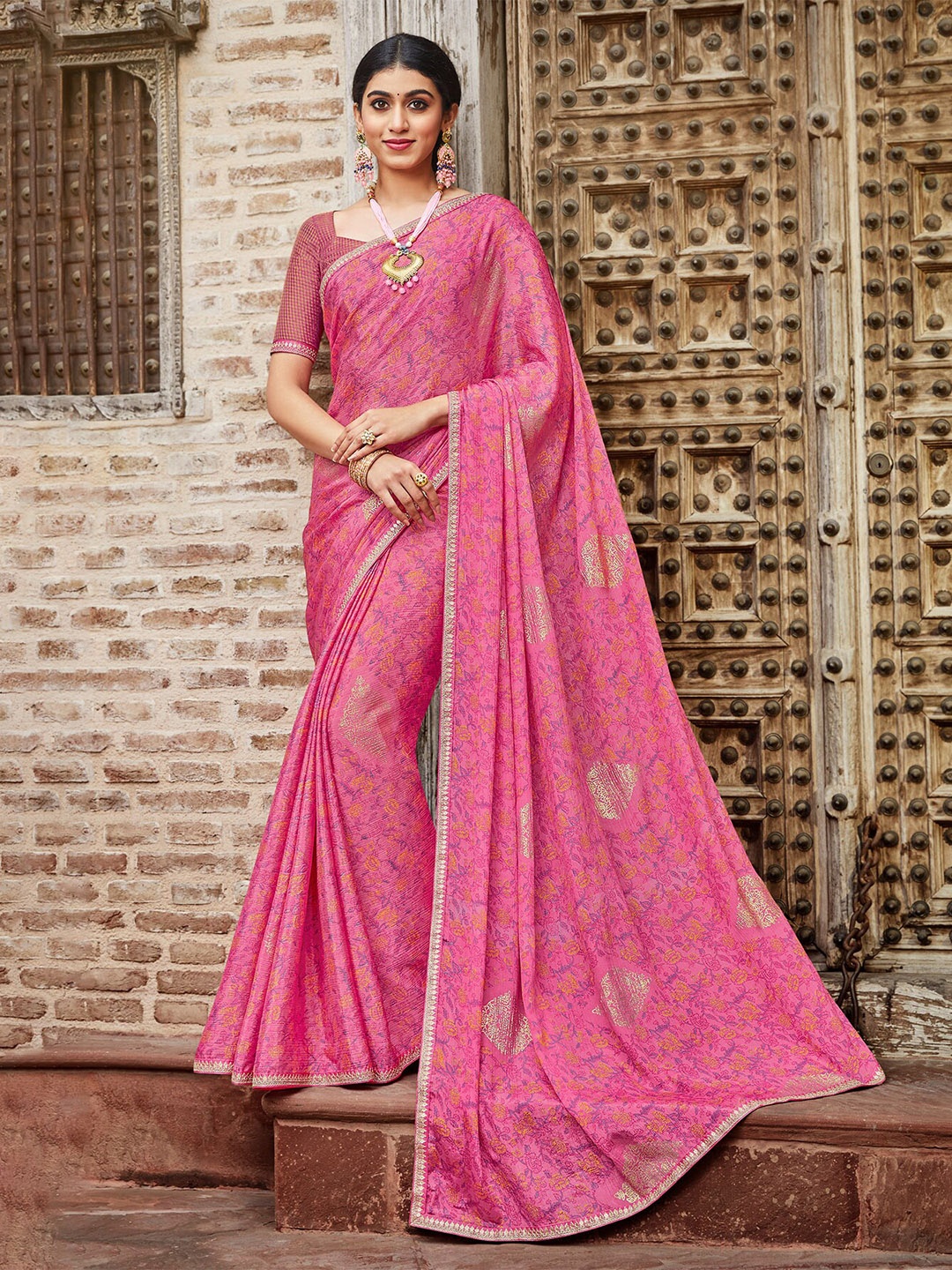 

Laxmipati Floral Printed Embroidered Saree, Pink