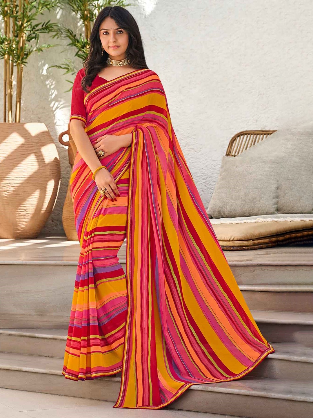 

Laxmipati Striped Embroidered Leheriya Saree, Orange