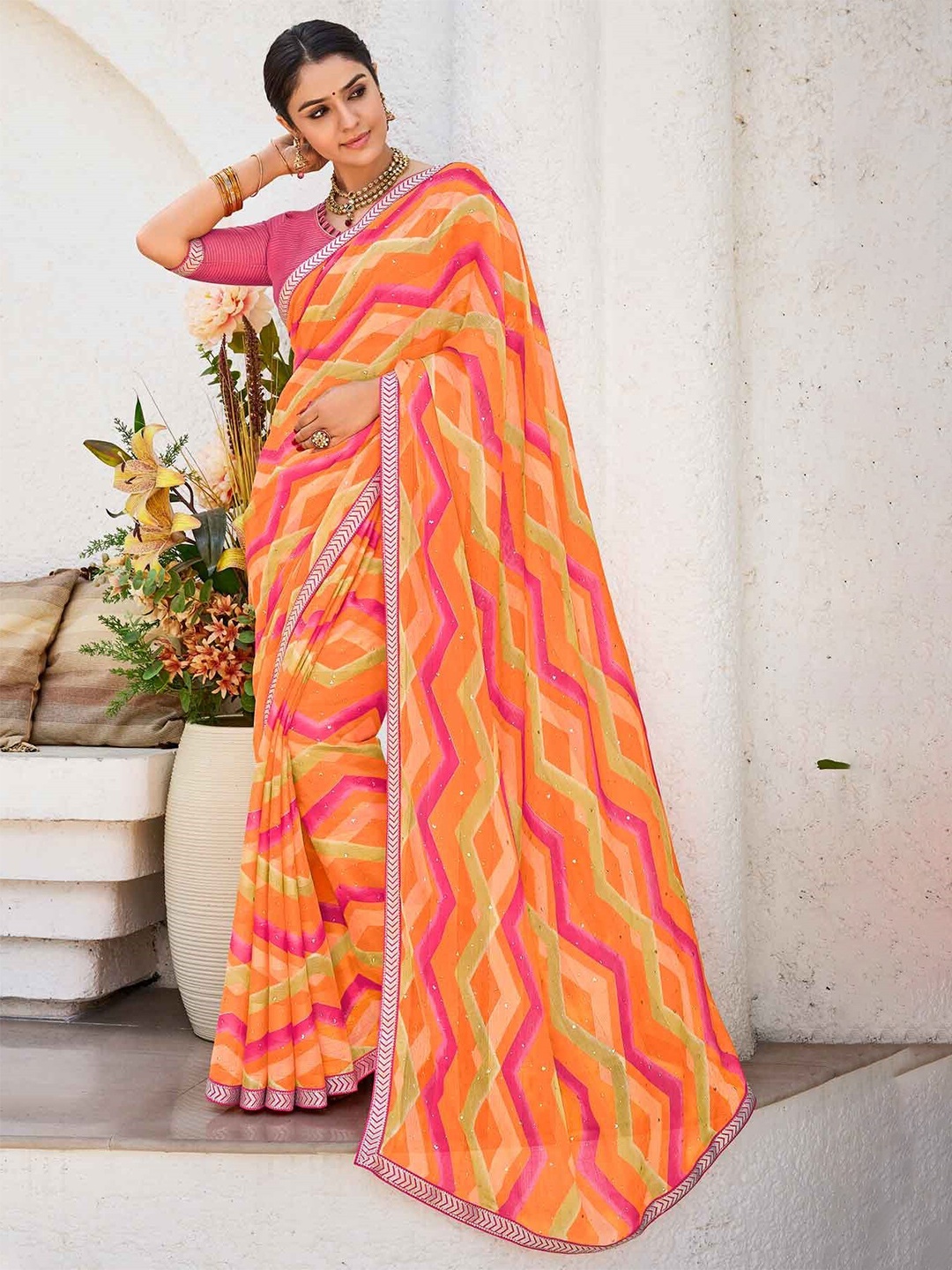

Laxmipati Leheriya Printed Embroidered Saree, Orange