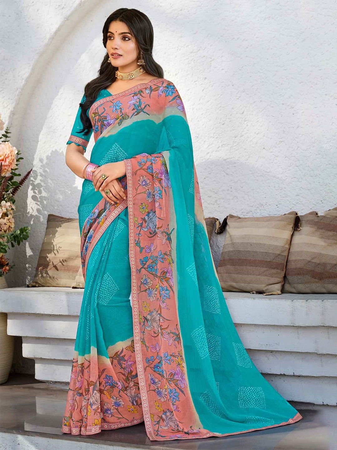 

Laxmipati Bandhani Printed Embroidered Bandhani Saree, Blue
