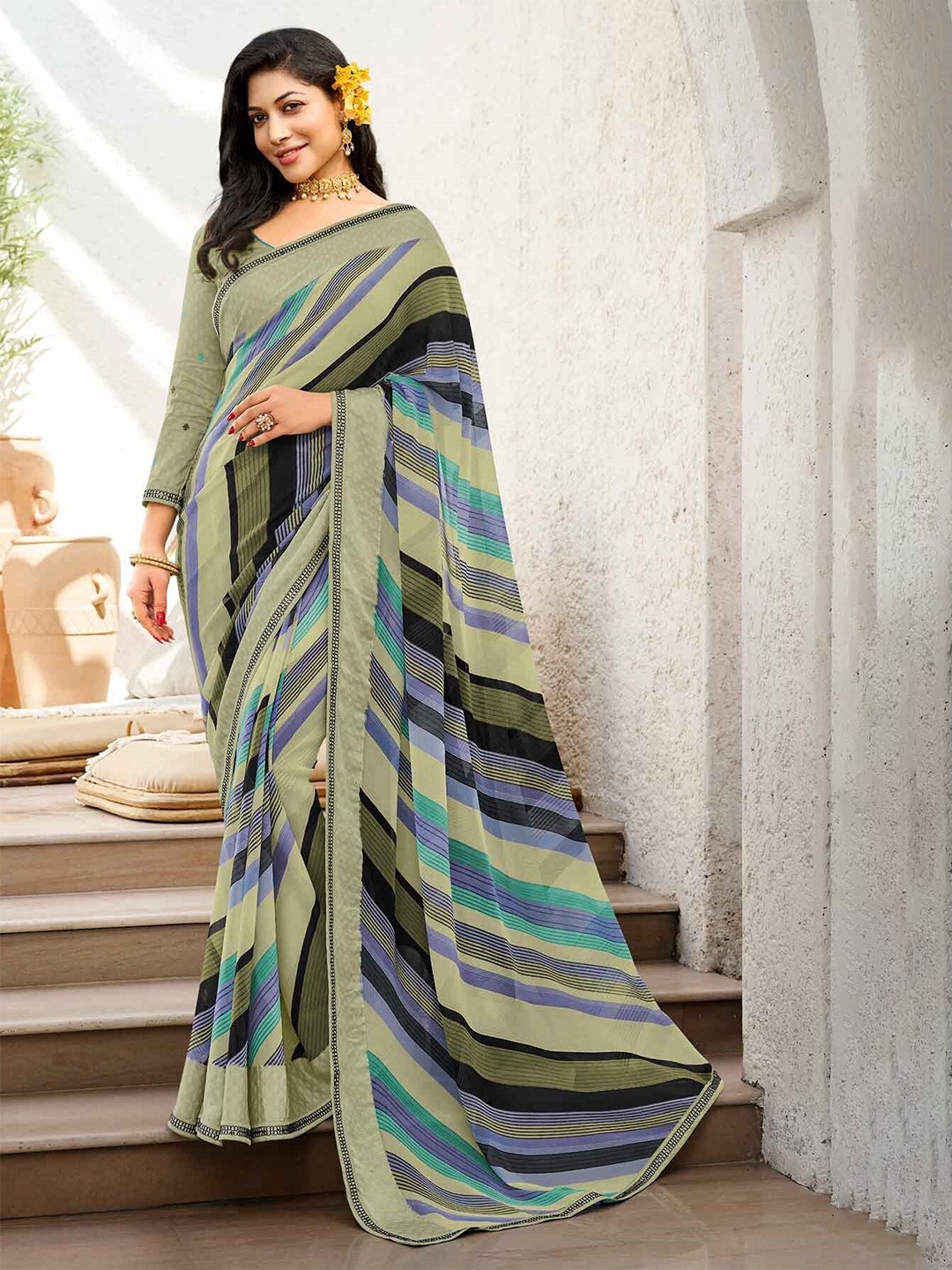 

Laxmipati Leheriya Printed Embroidered Saree, Green