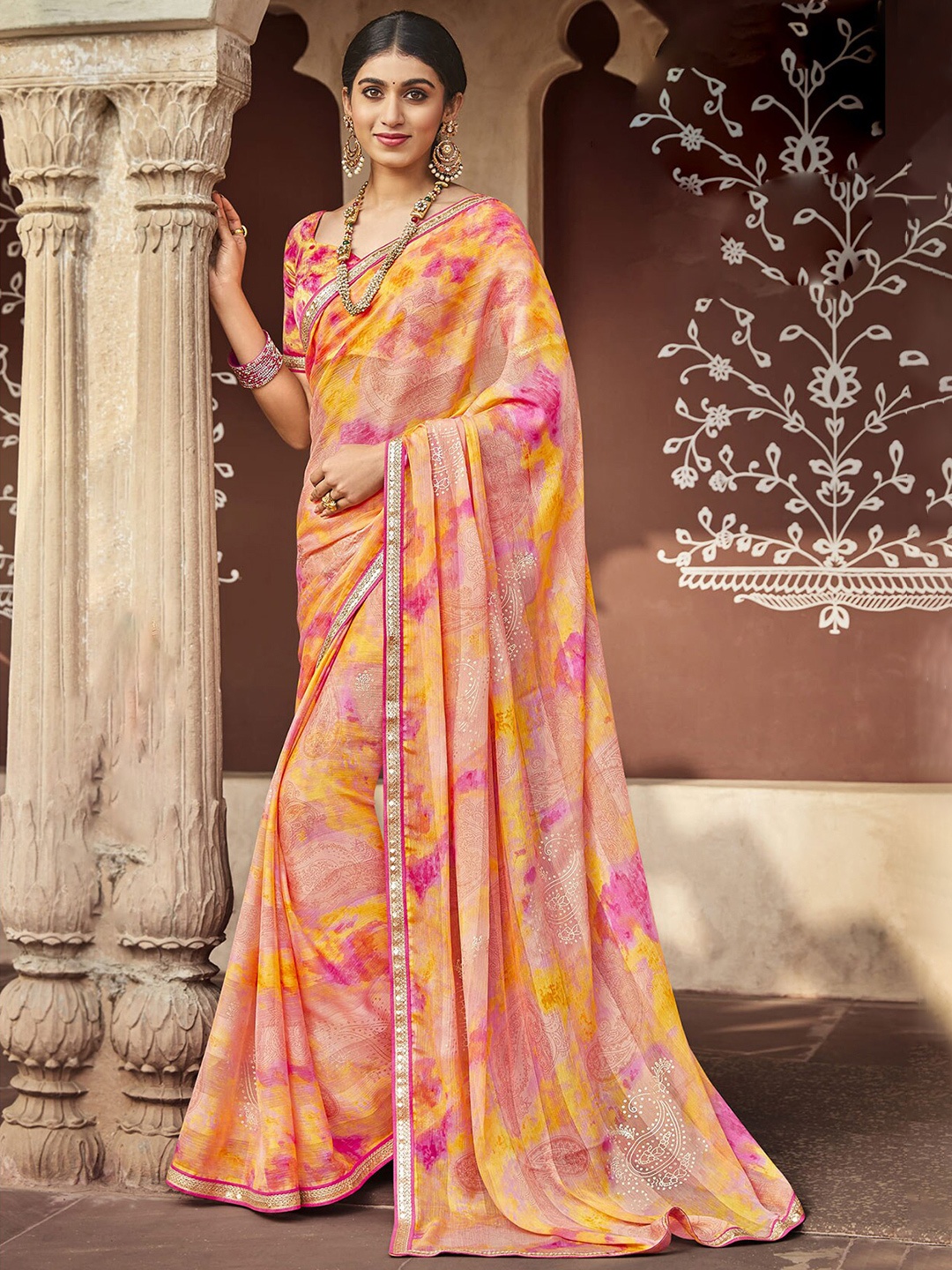 

Laxmipati Floral Printed Sequinned Embroidered Saree, Orange
