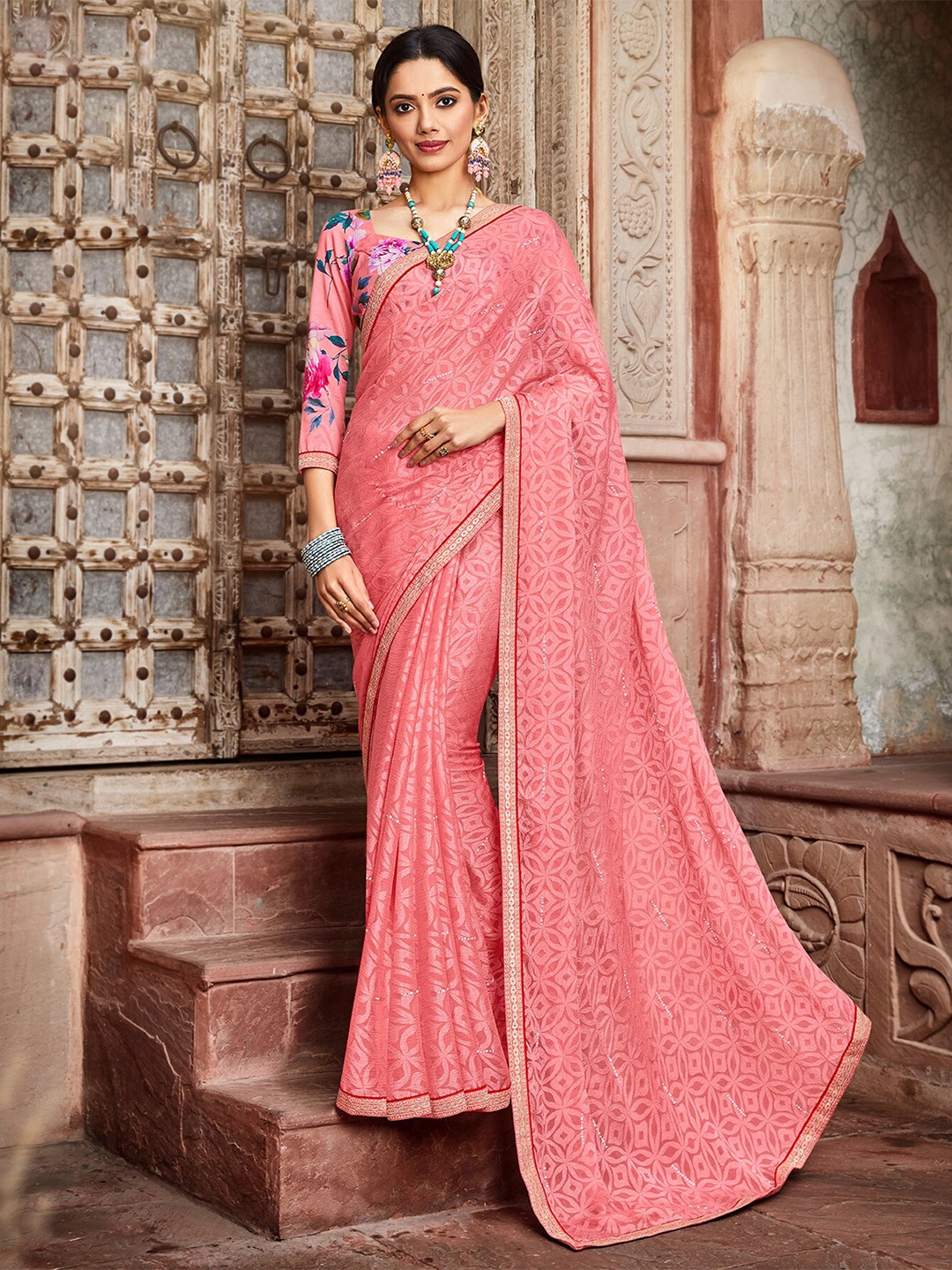 

Laxmipati Floral Printed Zari Embroidered Brasso Saree, Peach