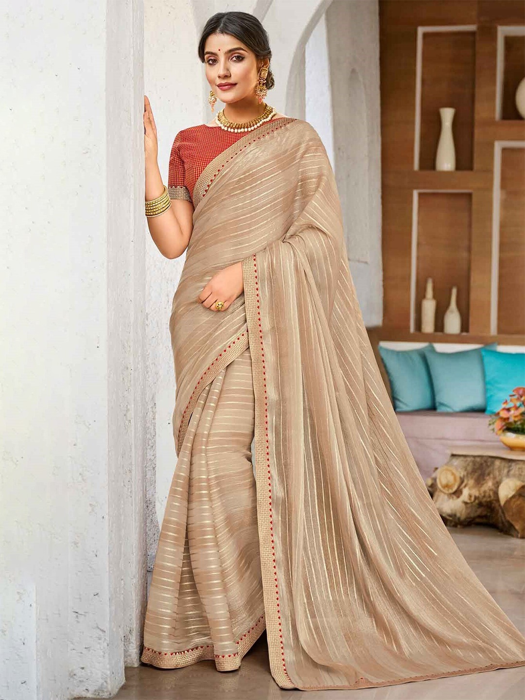 

Laxmipati Striped Embroidered Leheriya Saree, Bronze