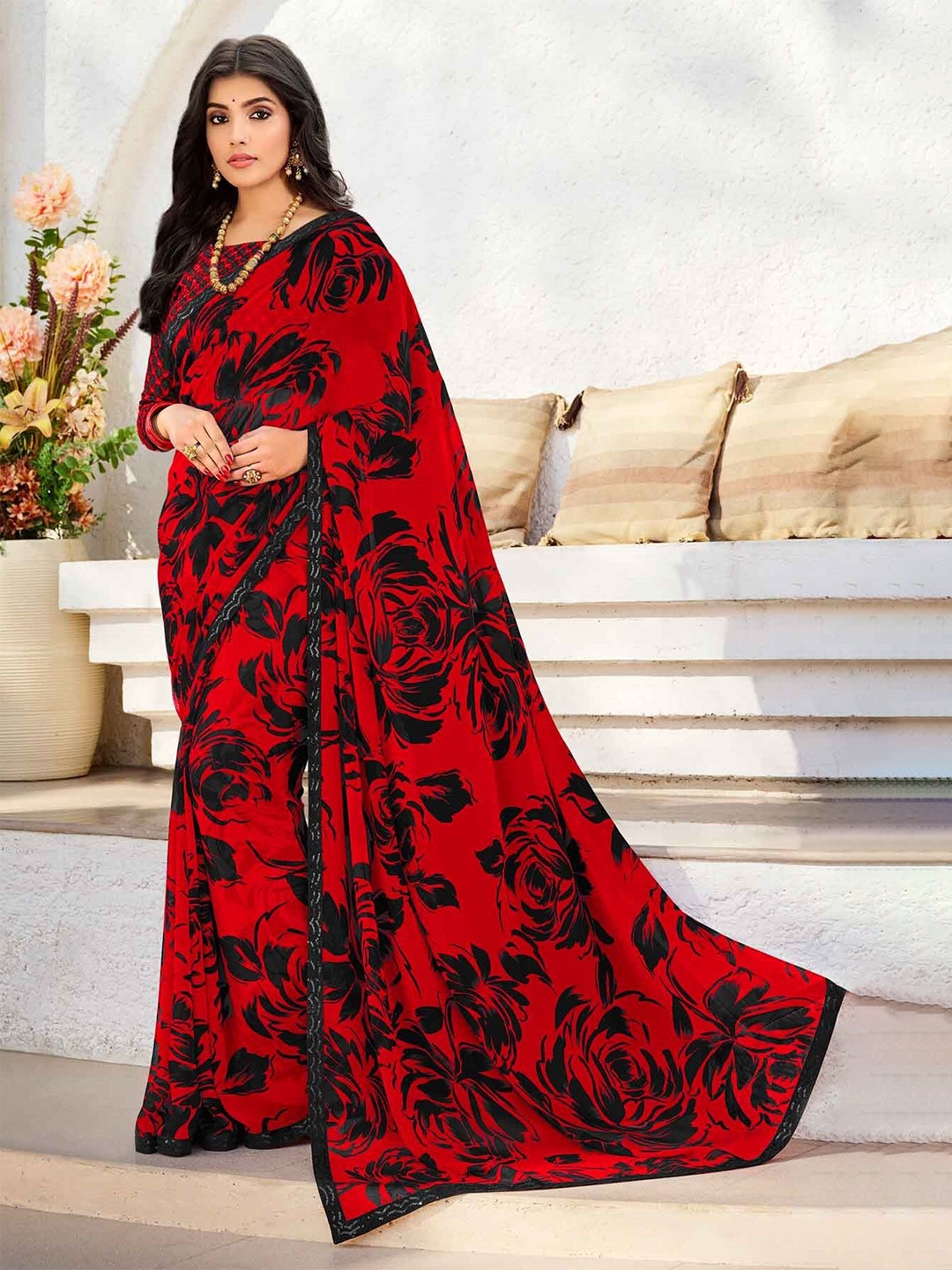 

Laxmipati Floral Printed Sequinned Saree, Red