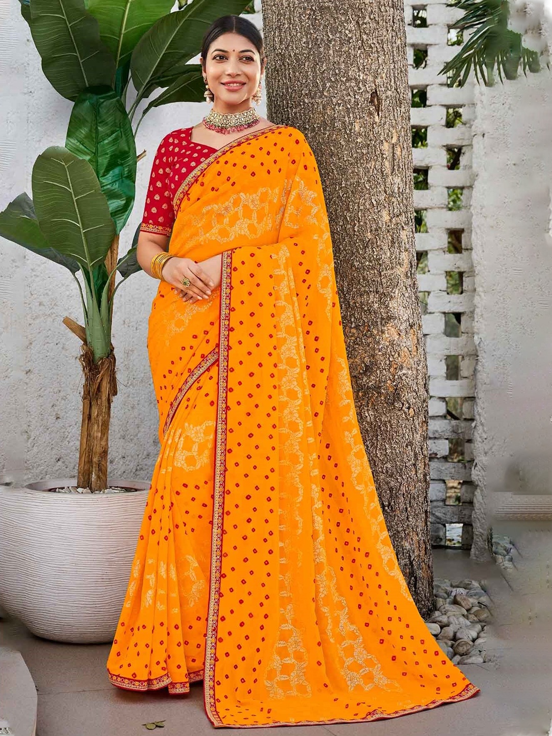 

Laxmipati Bandhani Printed Embroidered Bandhani Saree, Yellow