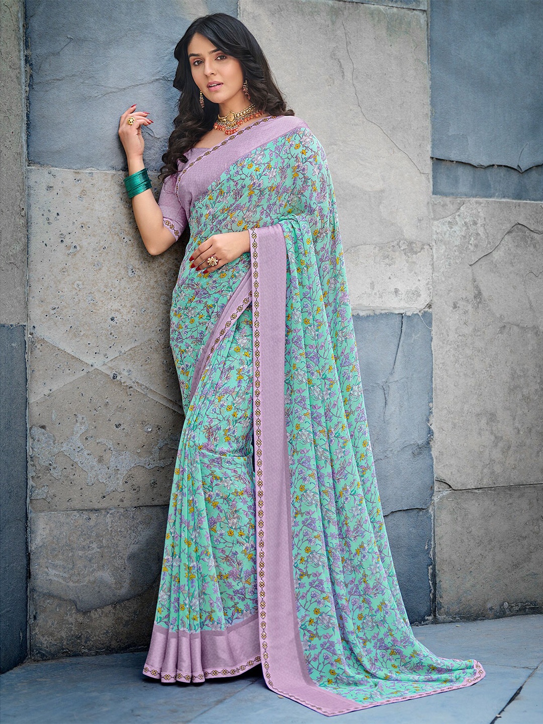Laxmipati Floral Printed Embroidered Saree, Sea green