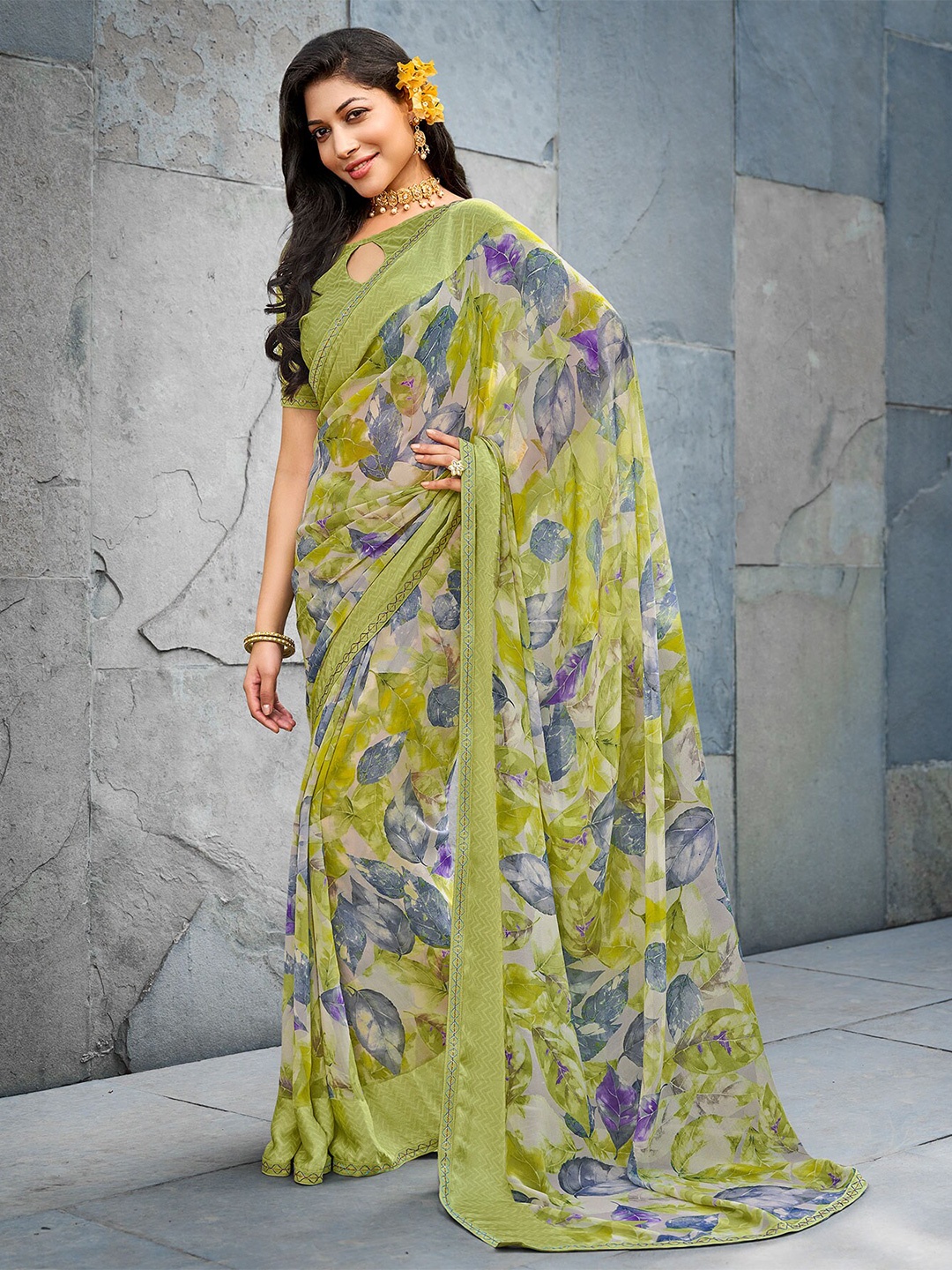 

Laxmipati Floral Printed Embroidered Saree, Olive