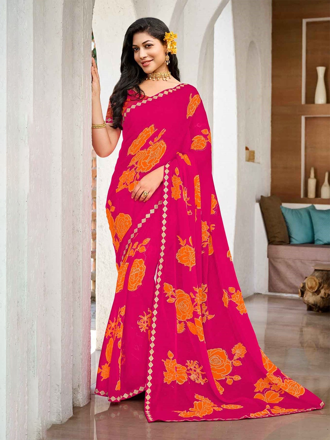 

Laxmipati Floral Printed Embroidered Saree, Pink