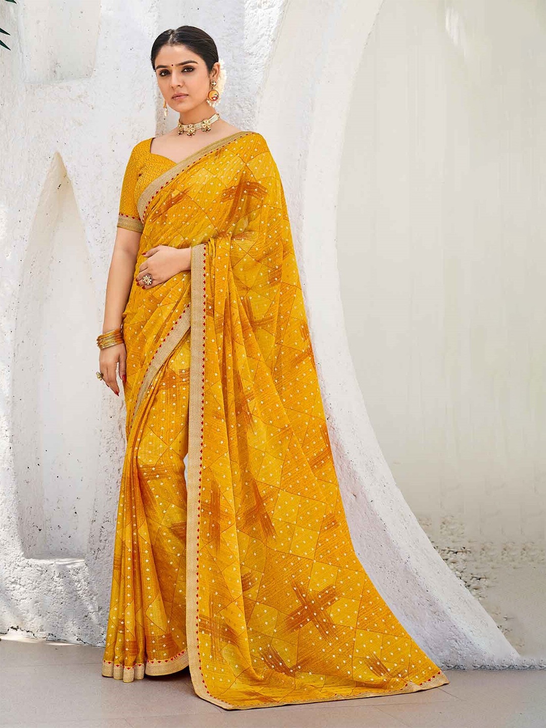

Laxmipati Geometric Printed Embroidered Satin Saree, Mustard