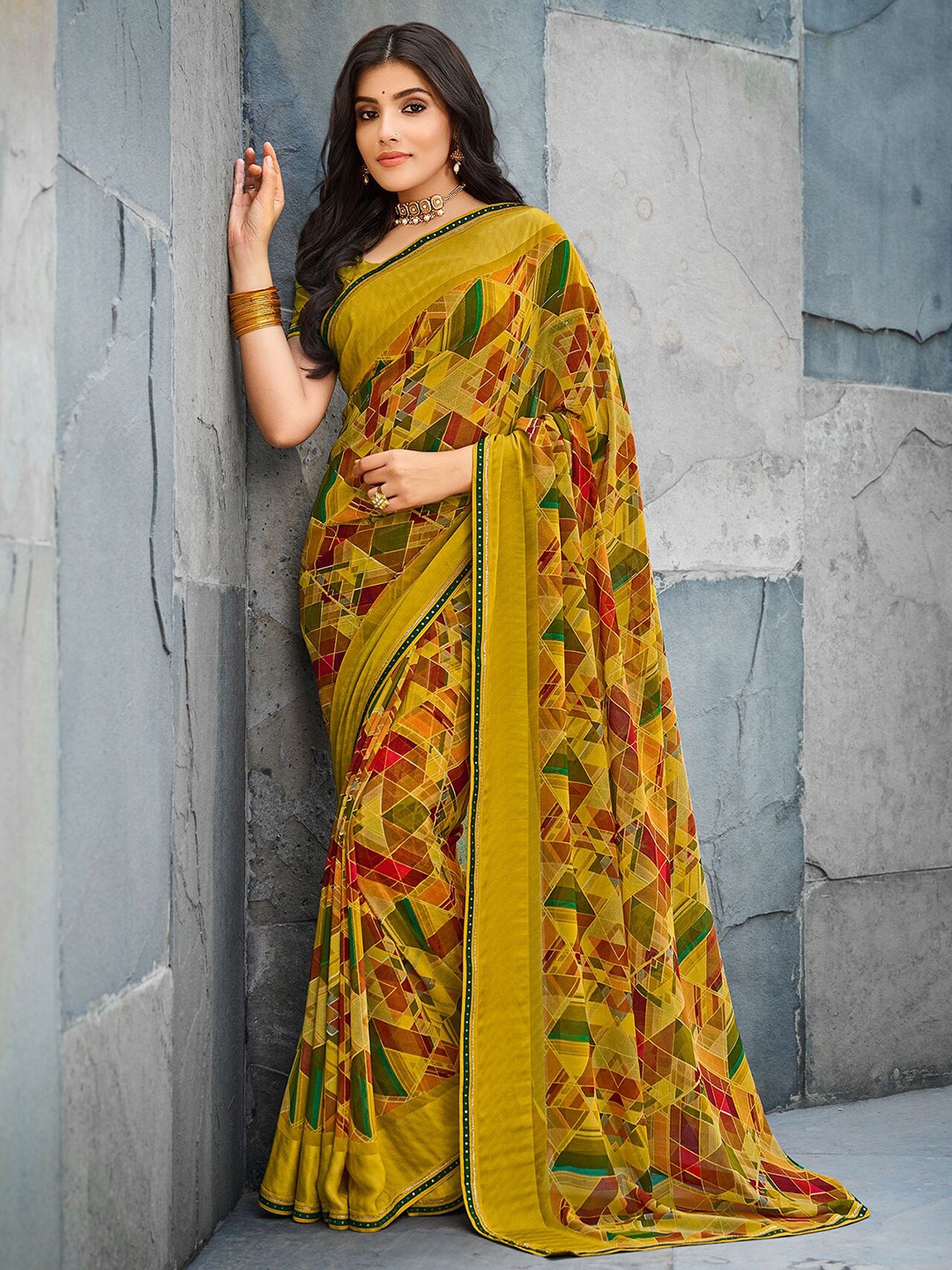 

Laxmipati Sequinned Geometric Printed Saree, Mustard