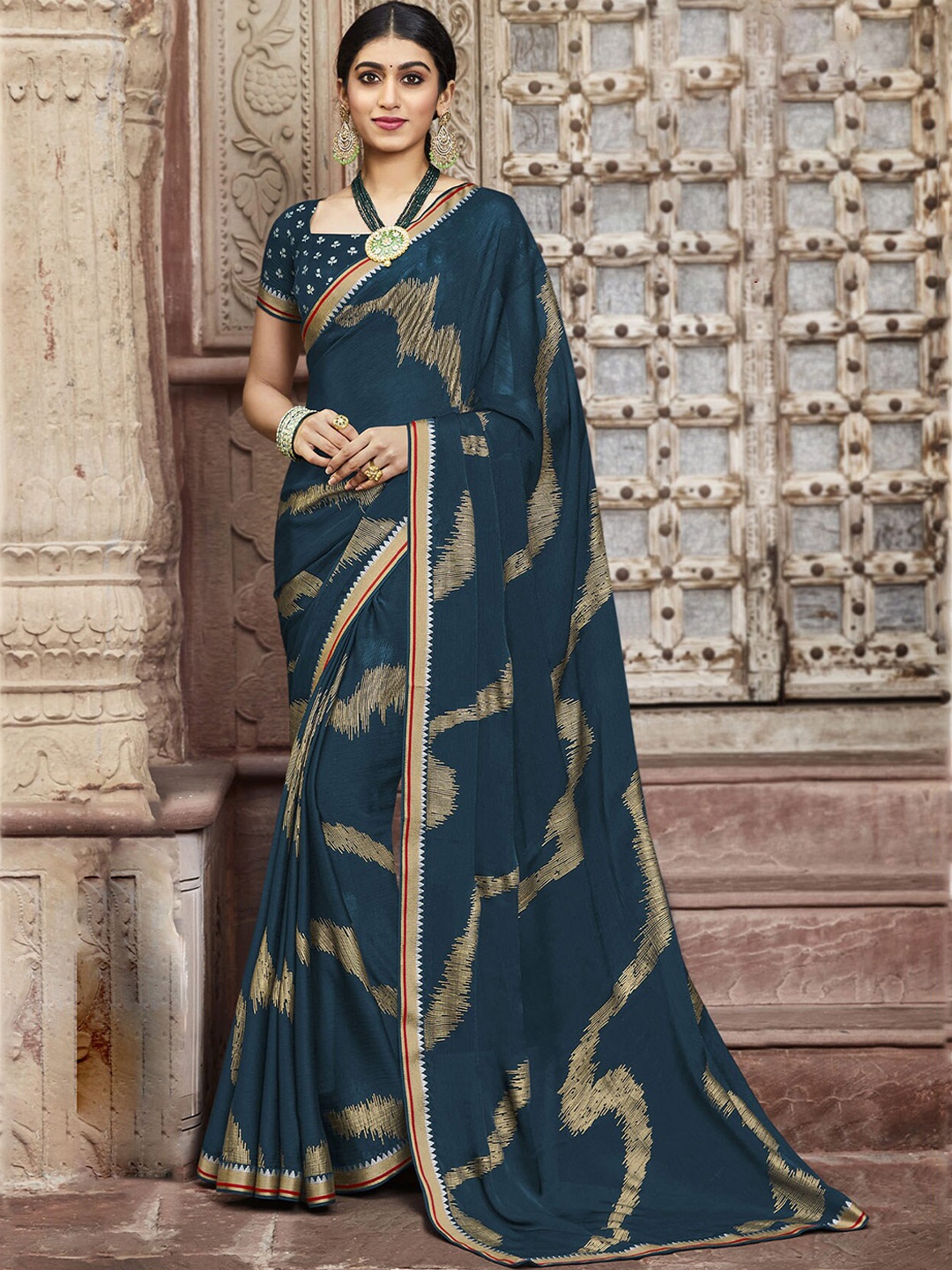

Laxmipati Abstract printed Zari Saree, Teal