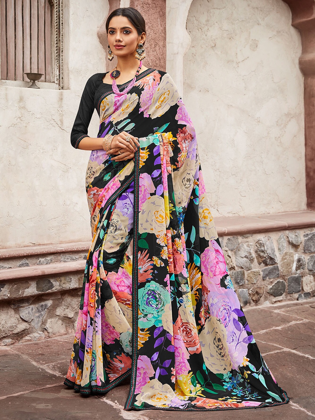 Laxmipati Floral Printed Embroidered Saree, Black