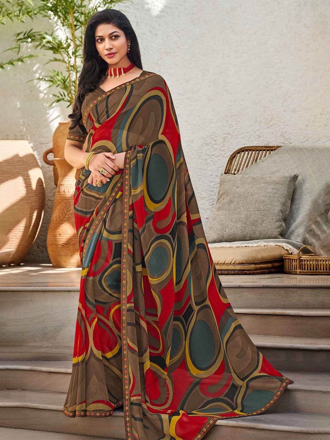 Laxmipati Geometric Printed Embroidered Saree, Brown