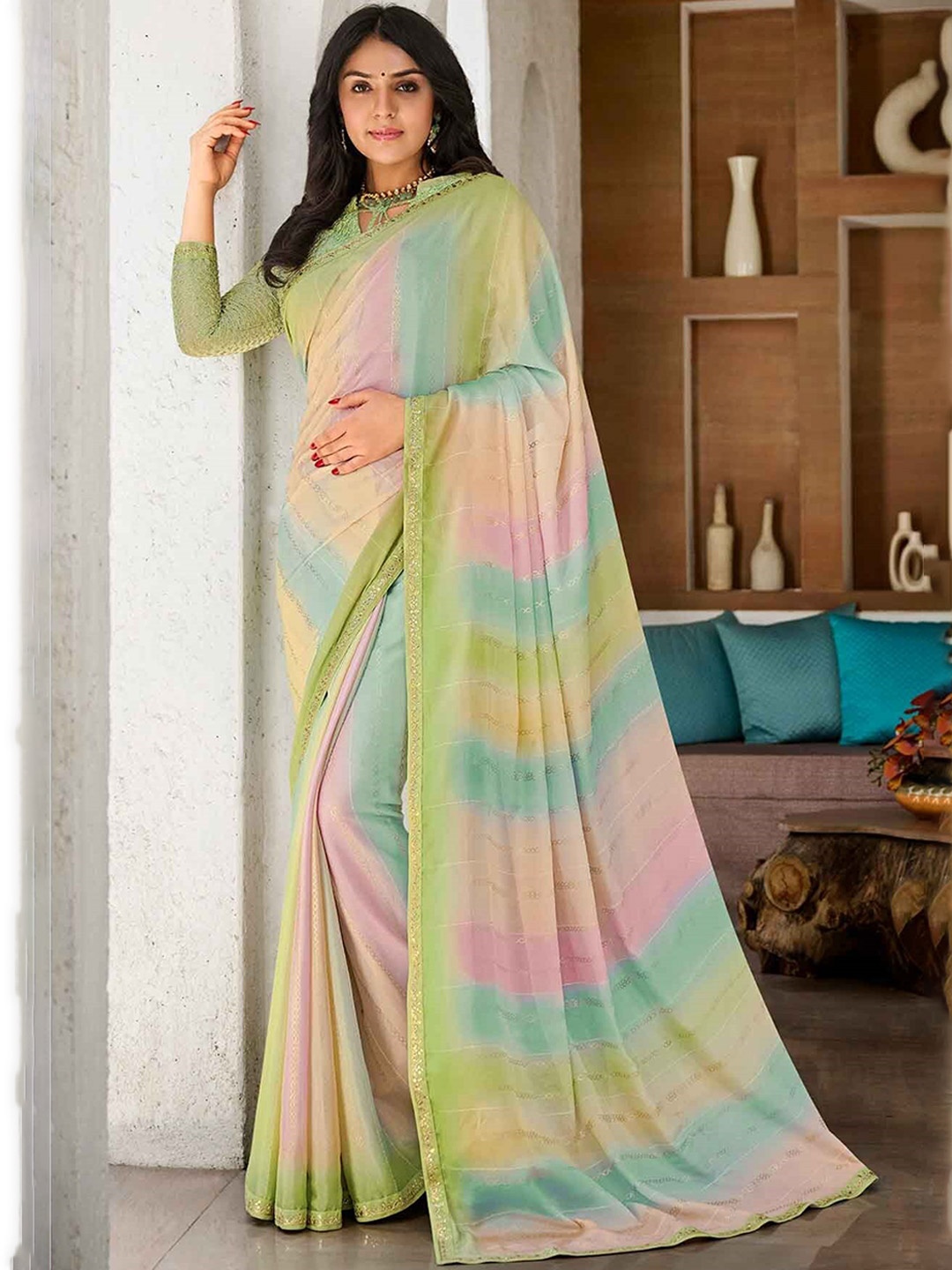 

Laxmipati Leheriya Sequinned Leheriya Saree, Pink