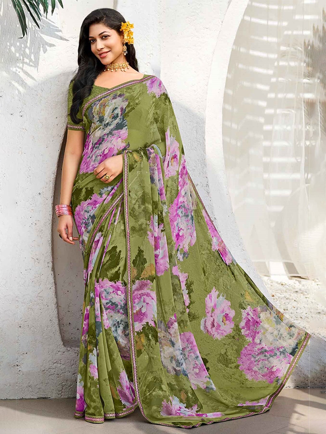 

Laxmipati Floral Printed Embroidered Saree, Olive