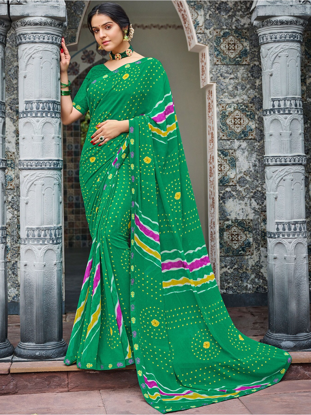 

Laxmipati Leheriya Printed Beads And Stones Embellished Leheriya Saree, Green