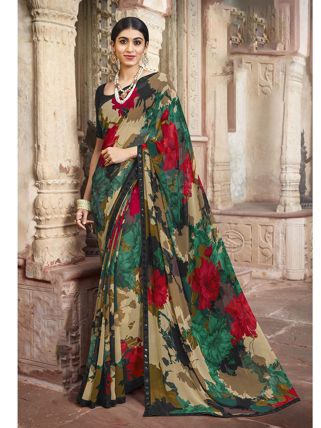 

Laxmipati Floral Printed Sequinned Saree, Green