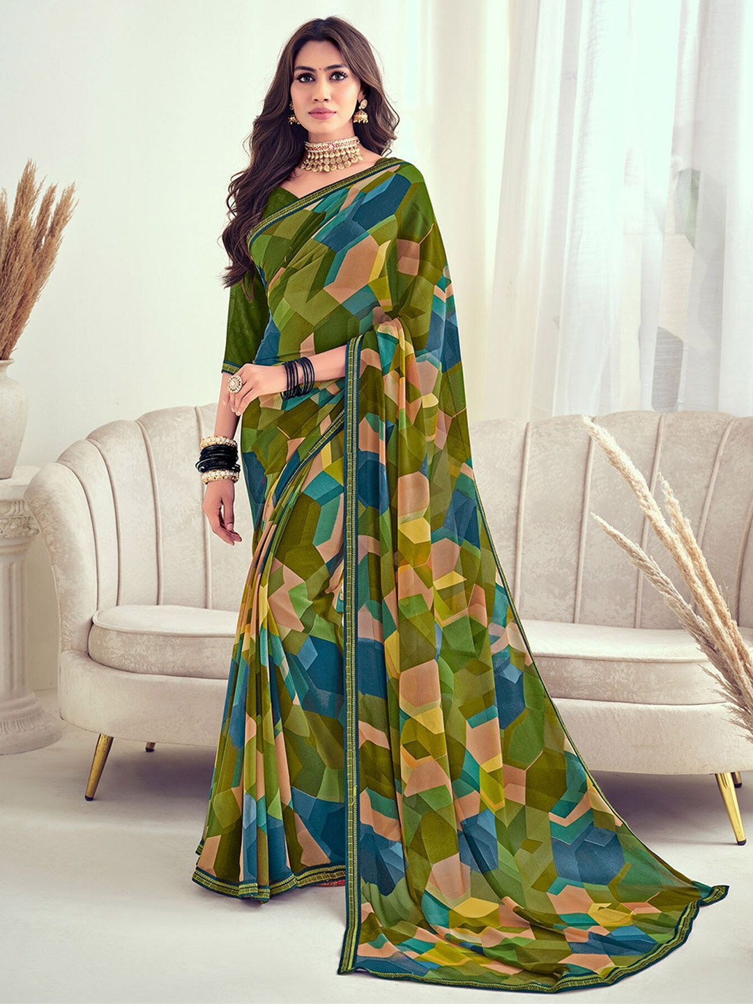 

Laxmipati Geometric Printed Embroidered Saree, Green