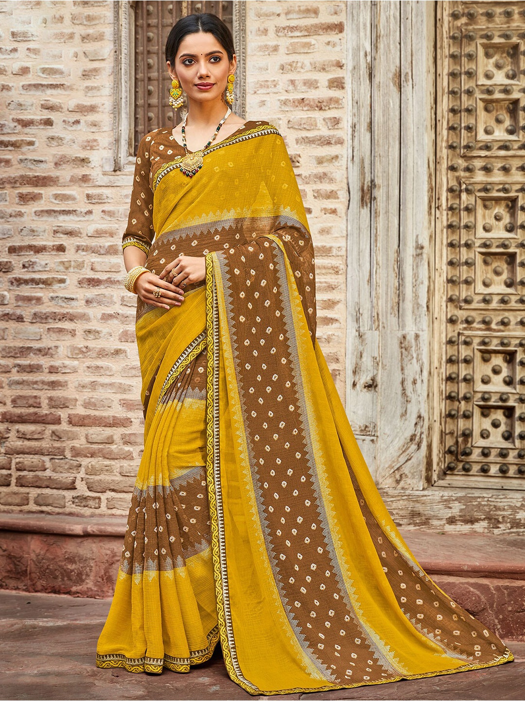 

Laxmipati Bandhani Printed Embroidered Bandhani Saree, Mustard